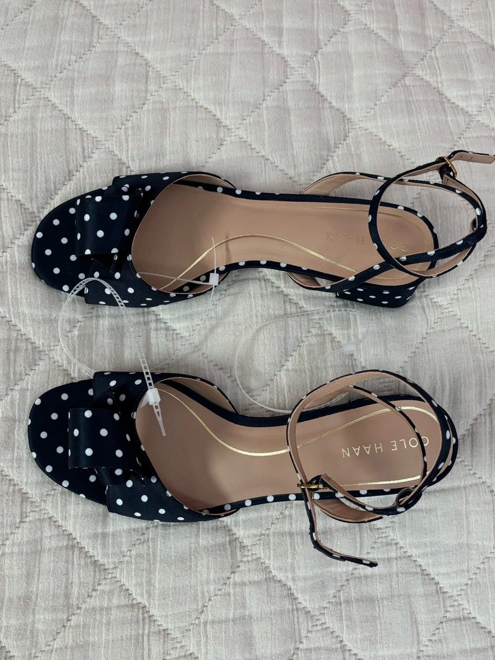 NWOT Cole Hann Fanya Florette Sandal Heels In Navy White Polka Dot Satin Sz 9 -